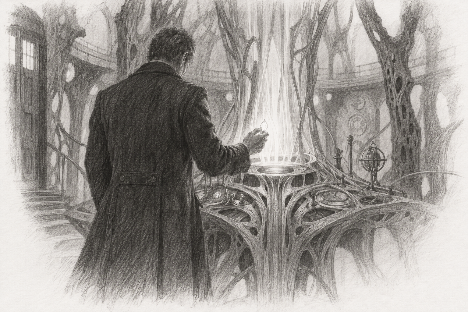 A graphite sketch of the Doctor, seen from behind, holding a small luminous shard above the TARDIS console.