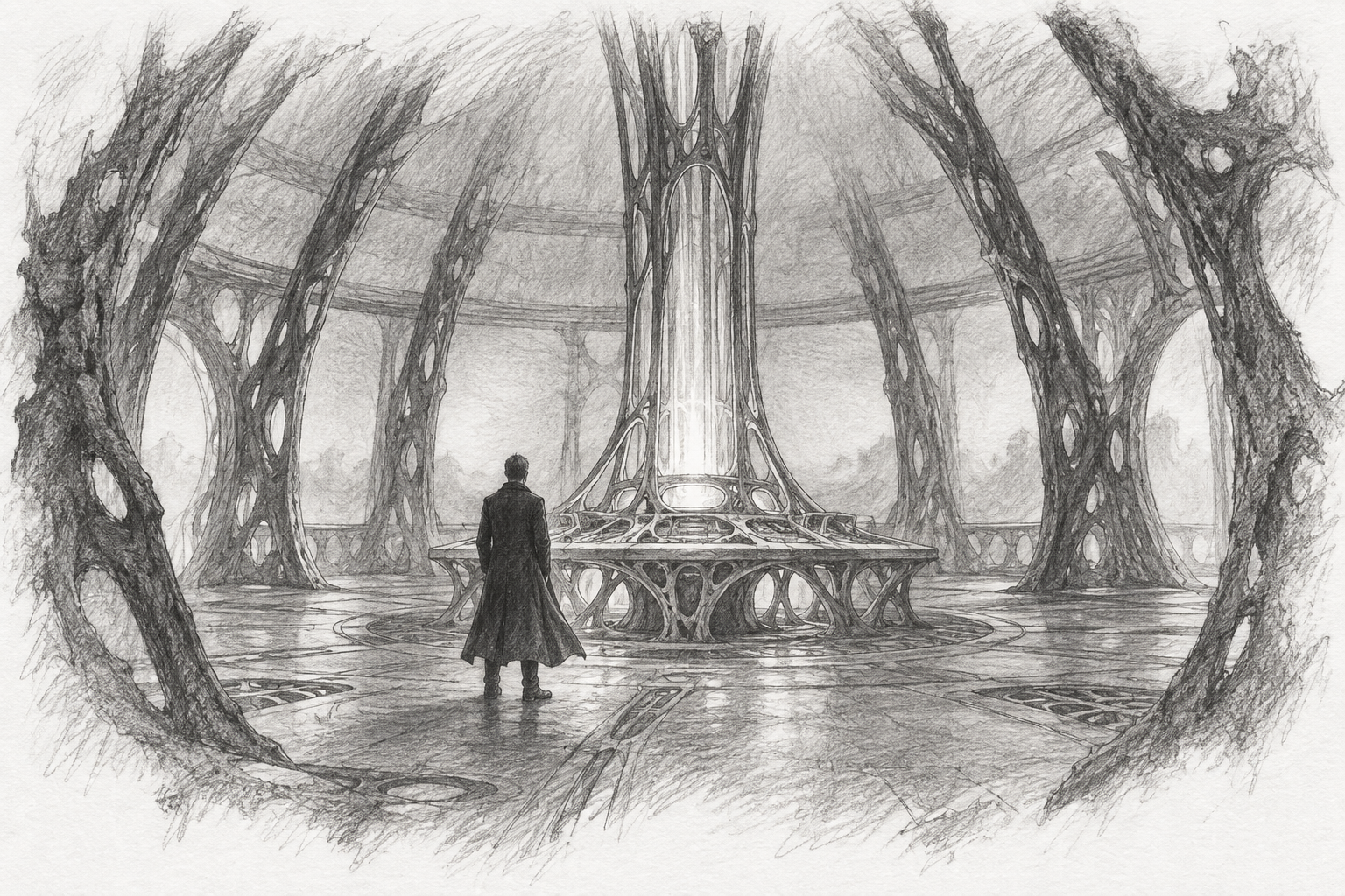 A graphite sketch of the Doctor standing alone in his long coat before the console after the convergence.